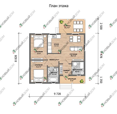 Одноэтажный дом «Форестер» 71 м2 с террасой